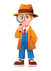 Smart boy detective looking through a large magnifying glass to find clues. Vector cartoon character illustration
