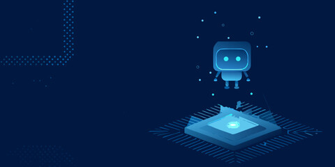 A charming robot descends toward a glowing circuit board in blue space