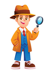 Young boy detective character smiling and holding a magnifying glass tool. Vector cartoon illustration