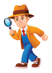 Brave boy detective walking in a hurry while holding his magnifying glass. Vector cartoon character illustration