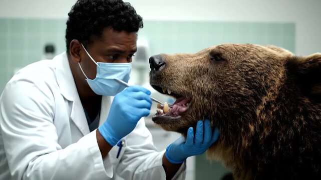 Veterinarian Giving an Anesthesia Injection to a Bear in Examination Room Dental Treatment Dental Healthcare Brown Bear
