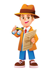 Clever boy detective holding binoculars and a newspaper to gather information. Vector cartoon character illustration