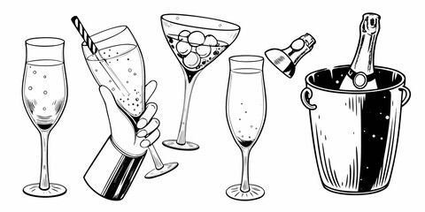 Celebratory drinks arrangement champagne flutes bottle and ice bucket sketch © Apurba