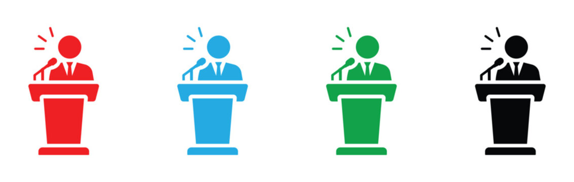 public speaking podium presenter icon set business conference lecture speech