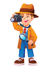 Skillful boy detective taking a photograph with a camera while holding a magnifier. Vector cartoon character illustration