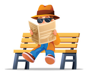 Mysterious boy detective wearing sunglasses and sitting on a bench reading news. Vector cartoon illustration