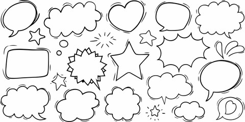 Collection of hand drawn speech bubbles stars and decorative shapes in black and white