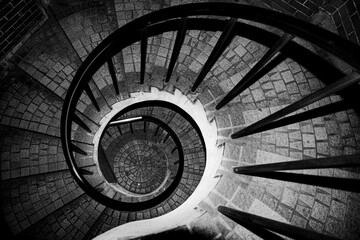 上から見下ろした螺旋階段のモノクロ構図