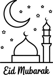 Obraz premium Eid Mubarak Mosque Crescent Moon Stars Islamic Greeting Graphic Design