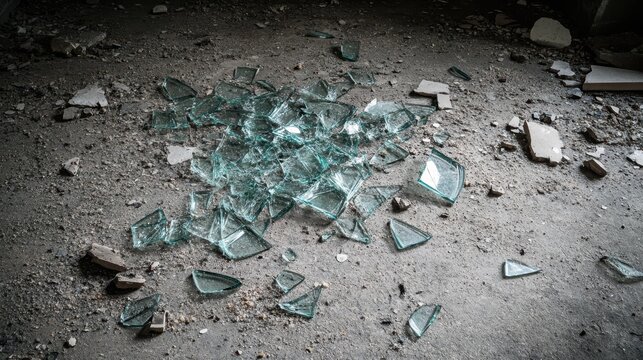 Sharp fragments of broken glass lie scattered across a dusty and weathered ground surface