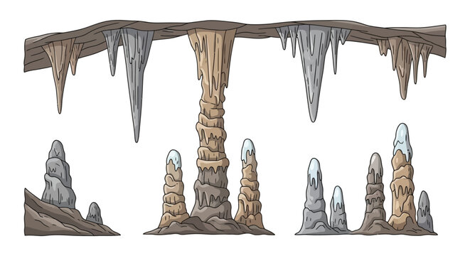 Cartoon illustration of a cave interior with stalactites and stalagmites