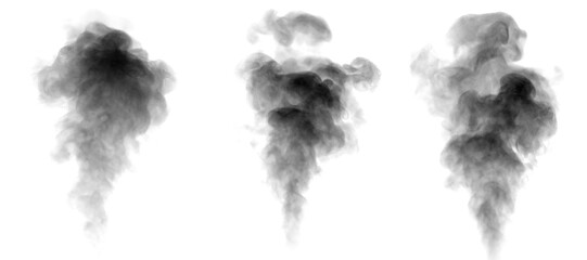 Black smoke cloud isolated on white background, thick swirling smog and vapor texture for dramatic...