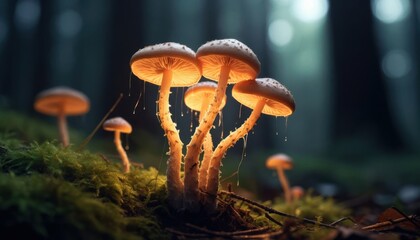 Fototapeta premium Glowing mushroom cluster in misty forest