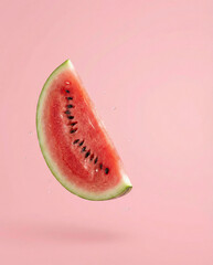 Juicy watermelon slice floating in mid-air on pink background