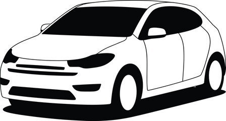 A simple black and white illustration of a modern hatchback car viewed from the front three-quarter perspective isolated on white background