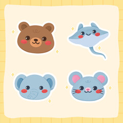 Fototapeta premium Cute Bear and Mouse Cartoon Animal Faces Set