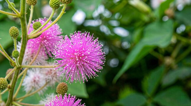 Beautiful pink Mimosa Pudica flower macro shot, sensitive plant bloom with green leaves background, Shameplant blossom in nature, decorative touch-me-not flowering plant, vibrant floral photography.