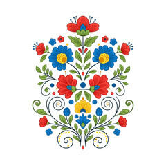 Vibrant Symmetrical Folk Floral Design. Traditional Embroidery Style Flower Motif with Red, Blue, Yellow Blooms