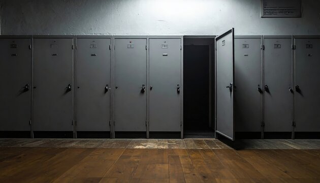 A row of grey school lockers with one door slightly ajar revealing deep black darkness inside the storage recess
