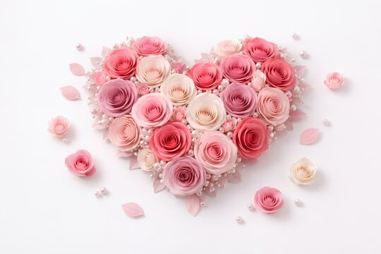 Pink and cream roses in heart shape with pearls