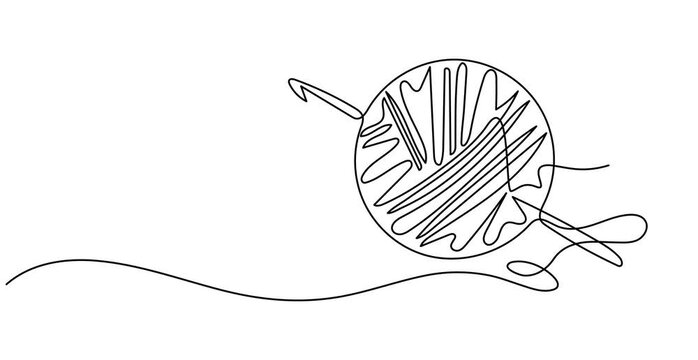 yarn and crochet hook continuous one line drawing, Knitting, ball of wool and needles Illustration, Balls of thread. Skein of knit. Vector art line, yarn ball and crochet hook crafting supplies pro.
