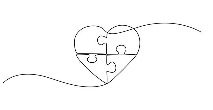 Continuous one line drawing 4 piece puzzle in the shape of love on the palm of the hand. Protect and love with all the heart. World Autism Awareness Day. Single line draw design vector illustration
