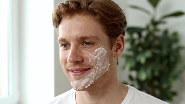 Young Man's Skincare Routine Portrait with White Mask on Face in Bright Indoor Setting Near Window and Plants for