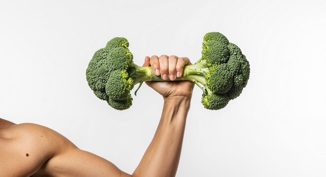 Muscular arm holding a broccoli dumbbell on white background, concept of healthy eating and fitness