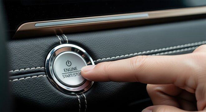 Human finger presses a metallic ignition button inside a modern vehicle cabin
