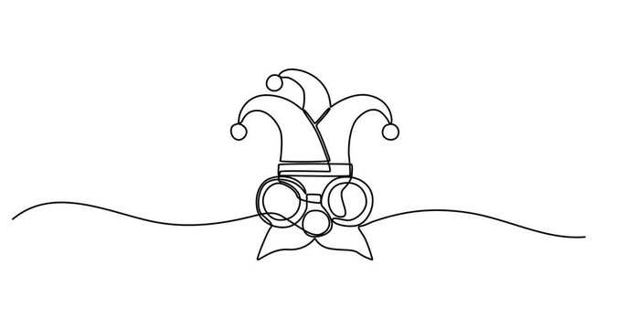 Animated self drawing of   Continuous one line drawing of  Colorful Circus Festival Vector , Masks and Party Elements, Bright carnival character with joker hat, glasses, mustache, 