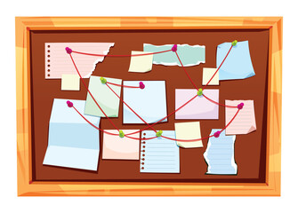 Investigation board featuring various paper scraps and red yarn connecting evidence. Vector cartoon illustration