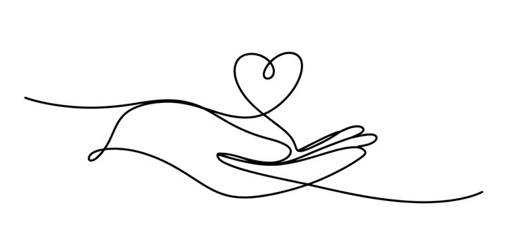 A single line drawing of a hand holding a delicate heart shape, symbolizing love and care