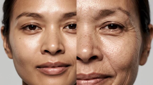 Young Skin Versus Mature Skin Advertisement Showing a Facelift Before and After Effect on Two Asian Women with Wet and
