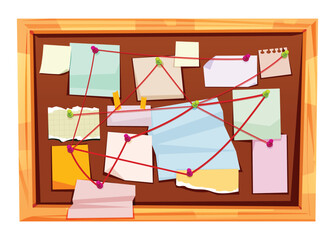 Mystery evidence board with colorful notes and red string depicting a complex conspiracy. Vector cartoon illustration