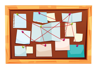 Police investigation wall with pinned notes and map connected by red thread for case. Vector cartoon illustration