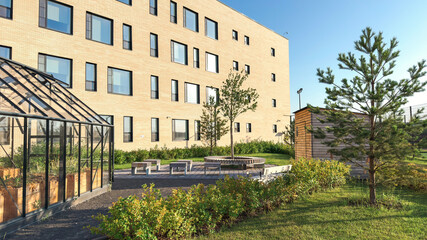 Modern school courtyard with landscaped garden seating area greenhouse young trees beside contemporary educational building, safe outdoor campus space supporting learning community sustainability © Evgeniia Primavera