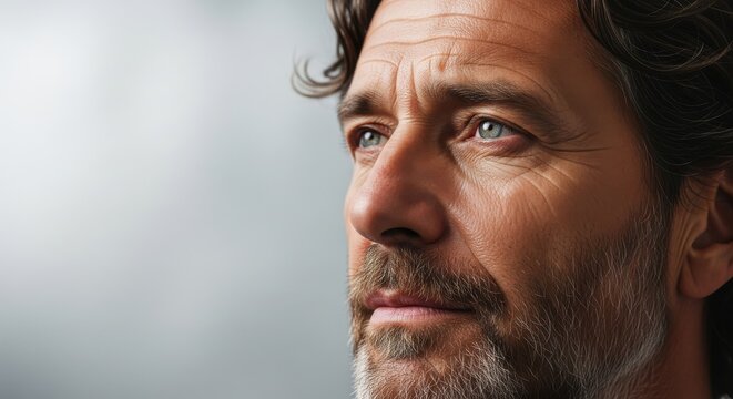 Mature man with thoughtful expression looks toward the distance with copy space on the left