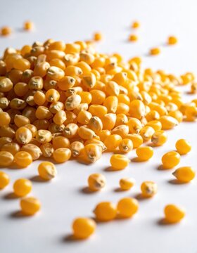 A plentiful collection of bright yellow raw popcorn kernels scattered across a clean white surface