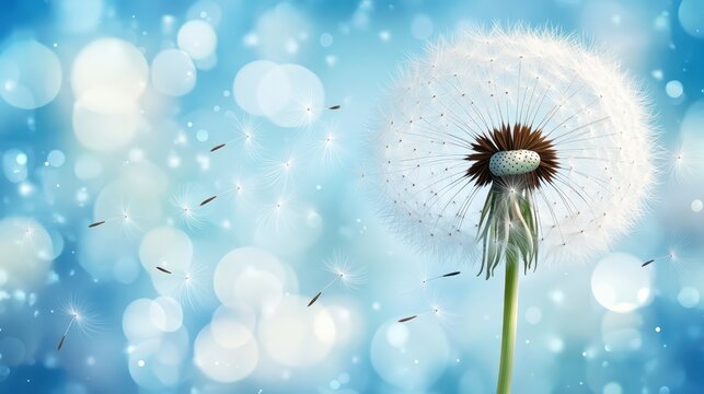 Delicate dandelion seeds scattering in the wind with soft blue bokeh background