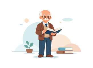 Elderly man reading a book with potted plant, flat vector illustration