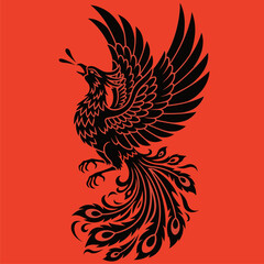 Obraz premium Majestic Black Phoenix Mythical Bird Illustration with Spread Wings on Vibrant Red Background