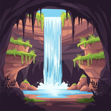 Cartoon Tropical Cave Waterfall with Lush Greenery and Clear Water Pool. Vibrant Illustration of an Underground Grotto.