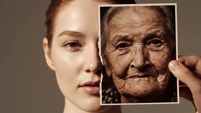 Youthful and Aged Portrait Comparison Skin Transformation with Hand Holding Photo Showing Aging Process on Neutral