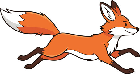 Cute red fox character running with a bushy tail and white fur accents isolated on a white background flat vector illustration.