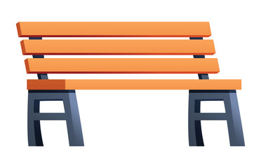 Empty wooden park chair bench with metal legs for garden and outdoor relaxation. Vector cartoon illustration