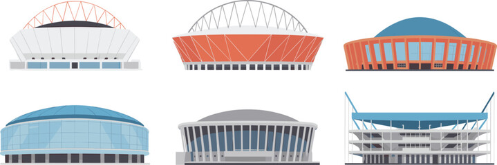 Modern stadium and arena architecture collection, sports venues, domed arenas, exterior facades, vector illustration set, isolated on white background designs © Shaharia