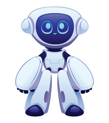 Friendly white humanoid robot character with blue screen face standing in neutral pose. Vector cartoon illustration