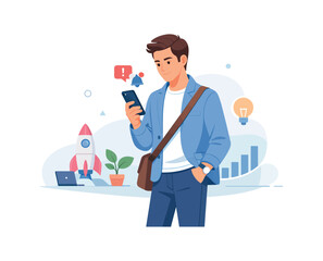 Young man with smartphone in startup office, flat vector illustration