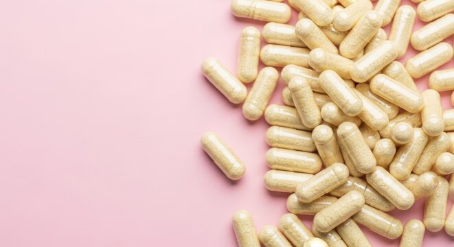 Numerous pale capsules are scattered across a soft pink background surface.