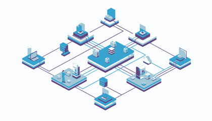 Isometric illustration of interconnected devices and servers.